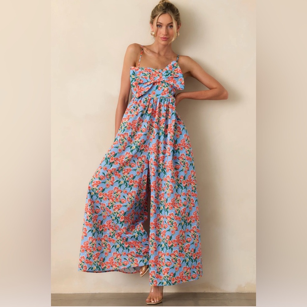 BLUE FLORAL COTTON BOW FRONT JUMPSUIT- NWT